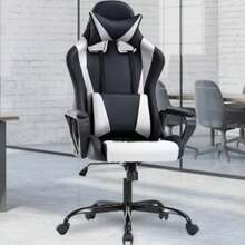 High-Back Gaming Chair PC Office Chair Computer Racing Chair PU Desk Task Chair Ergonomic Executive Swivel Rolling Chair With Lumbar Support For Back Pain Women, Men,White - 黑色 - 查看 1