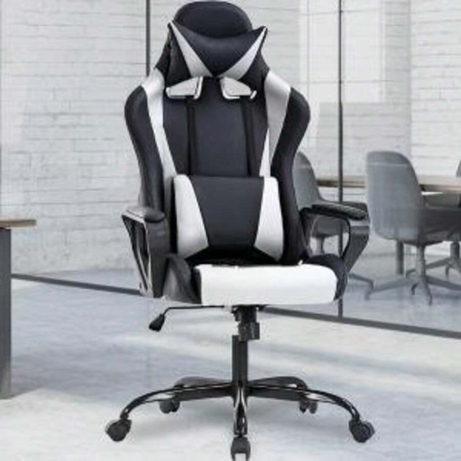 High-Back Gaming Chair PC Office Chair Computer Racing Chair PU Desk Task Chair Ergonomic Executive Swivel Rolling Chair With Lumbar Support For Back Pain Women, Men,White - 黑色 - 查看 1
