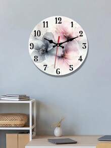 1pc Large Modern Minimalist Wooden Wall Clock - Silent Non-Ticking, Floral Pattern In Powder Gray, Black Hands, White Dial, Gold Numeric Markings - 10/12 Inch Round Wall Clock, Suitable For Living Room, Bedroom, Office (No Battery Required), 2D Flat - Multicolor - View 3