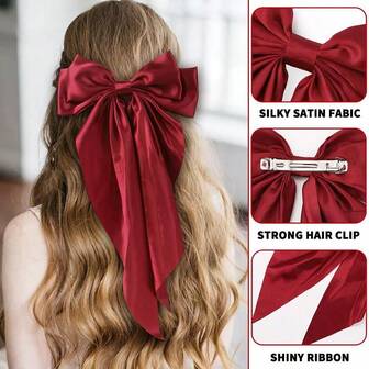 Lazo grande de satén burdeos; Elegante clip de pelo con cinta; Pasador de pelo de satén de unicolor elegante y sencillo; Diadema elegante vintage