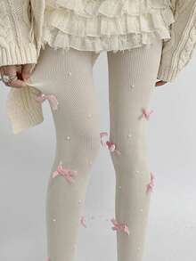 1条秋冬天鹅绒蝴蝶结薄纱连裤袜，百搭；JK风格可爱甜美洛丽塔珍珠连裤袜；芭蕾舞灵感竖条纹不透明打底裤，显瘦