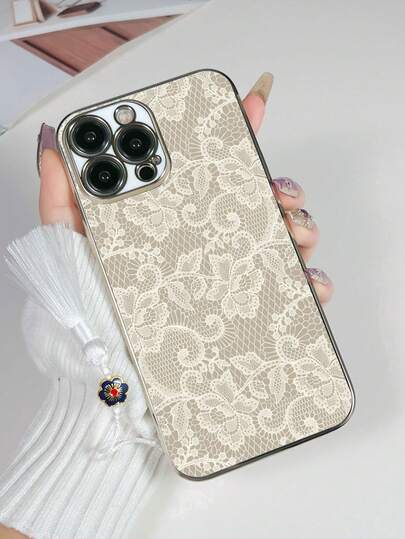 1pc White Electroplated TPU Lace Floral Print Soft Full Coverage Phone Case, 1pc White Enamel Tassel Lanyard, Fashionable Versatile Creative Personality Full Protection Dust-Proof Waterproof Soft Case, Suitable As Birthday/Holiday/Anniversary Gift For Girlfriend/Boyfriend, Best Friend, Spouse, Partner, Family, Boss, Coworker, Student, Teacher, Compatible With IPhone