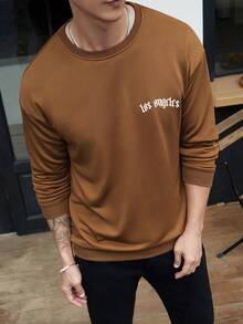 Men's Letter Print Crew Neck Loose Fit Casual Sweatshirt, Spring/Autumn - Coffee Brown - View 3