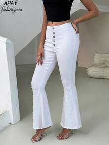 女士高腰白色珍珠装饰喇叭牛仔裤 - 纽扣前开襟牛仔裤，毛边裤脚，优雅风格，适合派对和日常穿着 - 女士春季休闲服装 - 白色 - 查看 4
