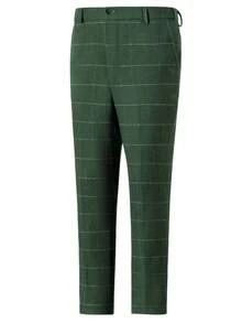 Mens Slim Fit Herringbone Tweed Wool Plaid Trousers Retro Dress Business Suit Pants - màu xanh lá - Xem 4