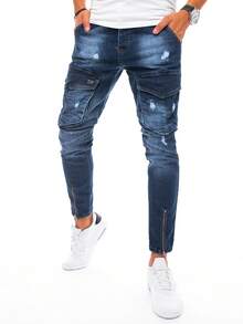 Męskie jeansy cargo z kieszeniami w kolorze khaki i zapinanymi na suwak mankietami. Dopasowane jeansy z ozdobnymi przeszyciami i ściągaczem w pasie. Stylowe męskie spodnie na co dzień, idealne do noszenia na co dzień.