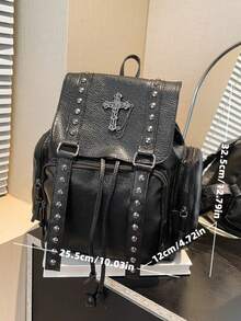 Handmade Soft Leather Subculture Backpack, Dark Cross & Chain Commuter Bag - Multicolor - View 6