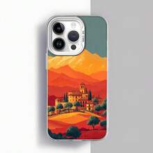Cubierta de teléfono con diseño de montaña y pueblo en tonos cálidos color naranja y rojo para uso diario en casa o viajes Aplicable a teléfonos Apple y Galaxy. - Blanco - Ver 2