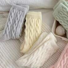 5双装女士柔软蓬松中筒袜 - 柔软、毛绒、透气、保暖加厚马卡龙色系袜子，多种柔和色调（浅蓝、黄、白、粉）可选 - 适合休闲和正式场合穿着，秋冬季寒冷天气，纹理图案，可爱袜子