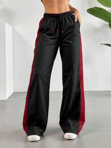 Pantaloni elastici cu talie și cordon, casual pentru femei, potriviți pentru sporturi și timp liber de toamnă și iarnă - roșu - Vizualizare 5