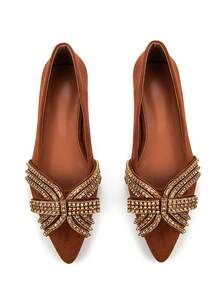 Giày dự tiệc đế bằng, thoải mái, mũi nhọn, đính đá pha lê vàng lấp lánh, trang trí nơ cho nữ, chất liệu da lộn màu nâu - màu nâu - Xem 3