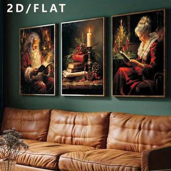 1/3pcs Christmas Wall Decor, Painting On Canvas With Santa Claus And Grandma Reading Books, Retro Style Art Posters, Suitable For Home Offices, Living Rooms, Bedrooms, Dining Rooms - Indoor Portrait Wall Arts Decor, Decor Hanging Paintings(No Frame)