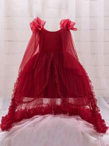 Baby Girls Sleeveless Lace Mesh Bow Cute 1st Birthday Dress, Suitable For Flower Girl Wedding, Detachable Train - Burgundy - View 2