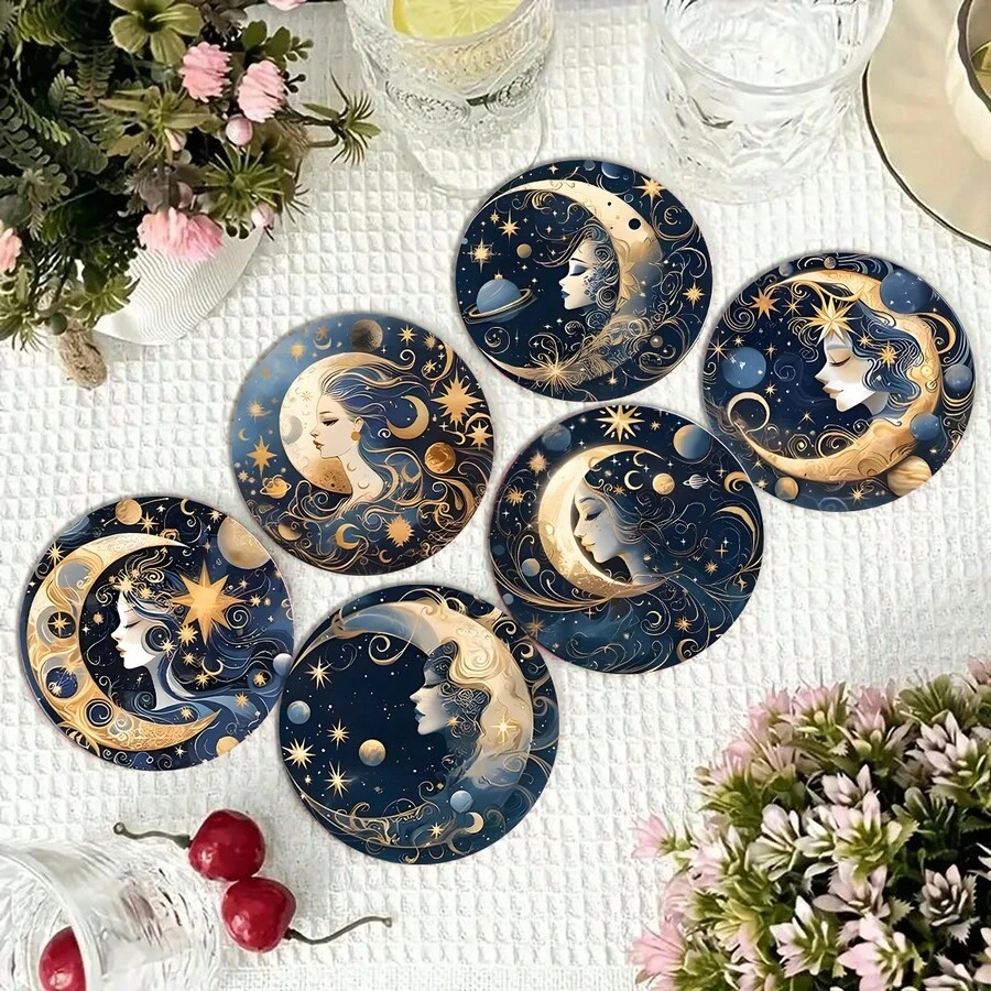 1 bộ/6 miếng lót ly gỗ, thiết kế Nữ thần Mặt trăng cá nhân hóa, thảm cà phê cách nhiệt, thích hợp cho quán bar, tụ họp tại nhà, quán cà phê, văn phòng, mọi dịp, trang trí nhà cửa - Tấm lót ly hình tròn bằng gỗ - Xem 1