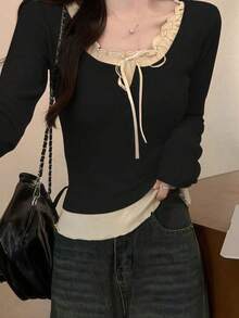 甜美蝴蝶结长袖荷叶边女式衬衫，春夏款，情人节/冬季上衣 - 黑色 - 查看 3