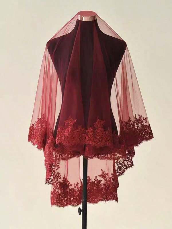 1pc Vintage Wine Red Lace Trim Short Veil, Chinese Style Wedding Bridal Headpiece Christmas
