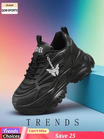 Fashion Thick Sole Women's Sports Shoes, Color Block Round Toe Leather Lace-Up Sneakers, Lightweight Breathable Sports Shoes, Non-Slip Durable Outdoor Tennis Shoes, Platform Shoes, White Athletic Shoes, Comfortable Casual Women Shoes