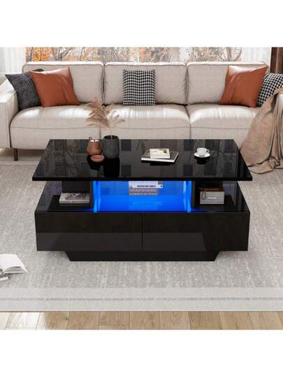 Moderne High Gloss Coffee Tafel LED Lighting Drawers Stylish 90x55x41 Cm Side Storage Space, Load Capacity Up To 30 Kg view 2