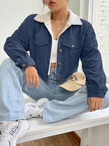 Chaqueta informal de pana de manga larga de color liso para otoño e invierno para mujer,Chaqueta con solapa y hombros caídos,chaqueta peluda de un solo pecho - Azul - Ver 3