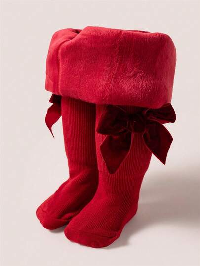 冬季女宝宝加厚圣诞连裤袜柔软条纹大蝴蝶结儿童保暖连裤袜打底裤儿童新年礼物公主女孩加厚紧身裤适合0-6岁