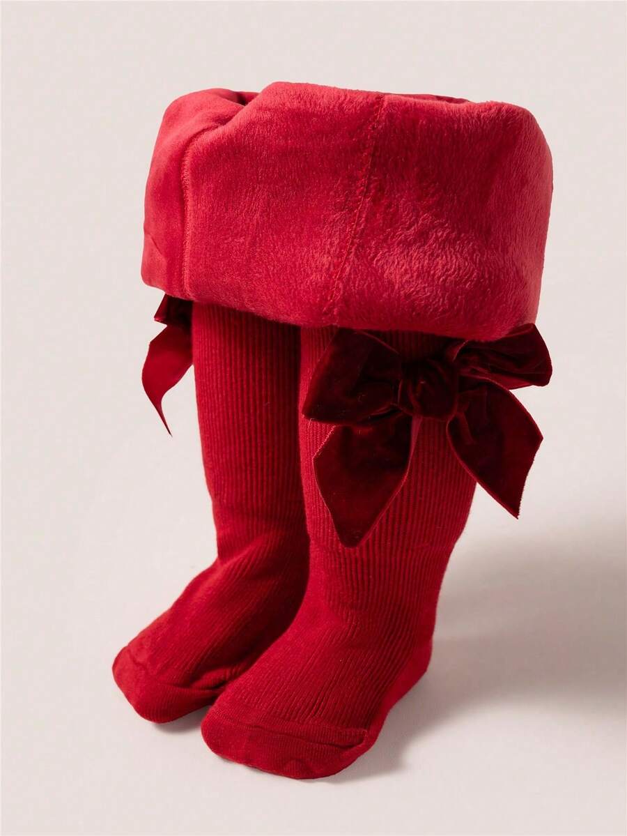 冬季女宝宝加厚圣诞连裤袜柔软条纹大蝴蝶结儿童保暖连裤袜打底裤儿童新年礼物公主女孩加厚紧身裤适合0-6岁 - 彩色 - 查看 1