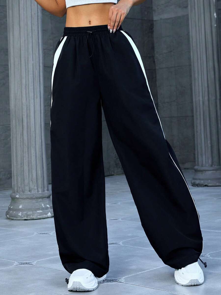 Contrast Color Striped Polyester Drawstring Pocket Casual Sports Outdoor Pants For Women, Spring/Autumn - Black - View 1