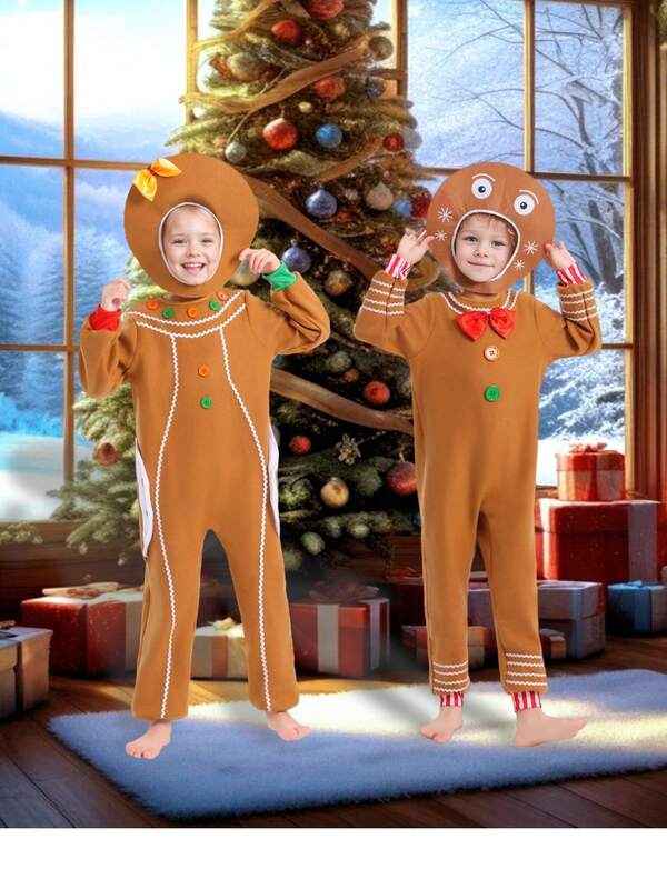 Kids Gingerbread Man Hat And Jumpsuit Two Pieces Set Stage And Festival Performance Costumes For Girls