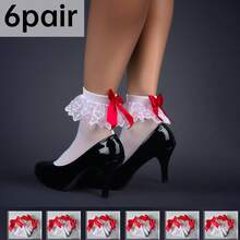 1 双女士性感白色天鹅绒 100D 蕾丝边短袜配黑色和红色蝴蝶结 - 紅白色 - 查看 6