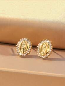 1 Pair Classic Vintage Style Virgin Mary Sparkling Cubic Zirconia Stud Earrings, Gold Plated, Suitable For Women's Engagement/Wedding Decoration, Casual Daily Wear