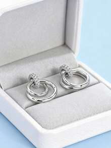 1 对原创设计 925 纯银女式耳环，防过敏双圈交叉蛇骨图案，闪耀方晶锆石，高品质优雅珠宝，适合日常派对购物佩戴 - 銀色 - 查看 1
