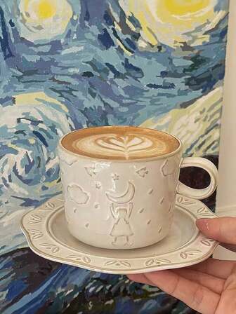 1 set vintage keramikkaffekoppar och fat, lattekonstmugg, frukostmjölkkopp, eftermiddagstekopp, lämplig för hemmet, kontoret, högtider och presenter