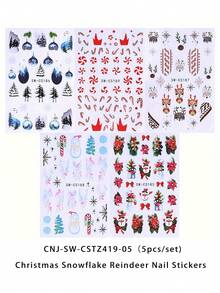 5 Peças Adesivos de Unhas de Inverno de Natal - Decalques de Arte de Unhas com Elementos de Natal (Flocos de Neve, Bonecos de Neve, Renas, Doces, Acessórios, Pequenas Flores, Design de Globo de Vidro em Miniatura). Perfeito para uso diário de mulheres, casamentos, feriados e férias. Adesivos de unha autoadesivos de uso único com estilos de tema de desenhos animados e fofos, decorações de unhas fáceis de aplicar. - Multicolorido - Visão 7