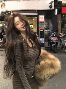 韩式条纹修身长袖T恤+吊带背心 - 咖啡棕 - 查看 1