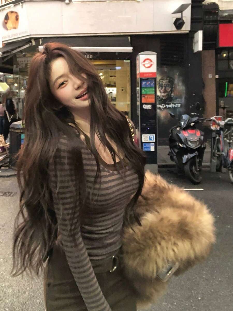 韩式条纹修身长袖T恤+吊带背心 - 咖啡棕 - 查看 1