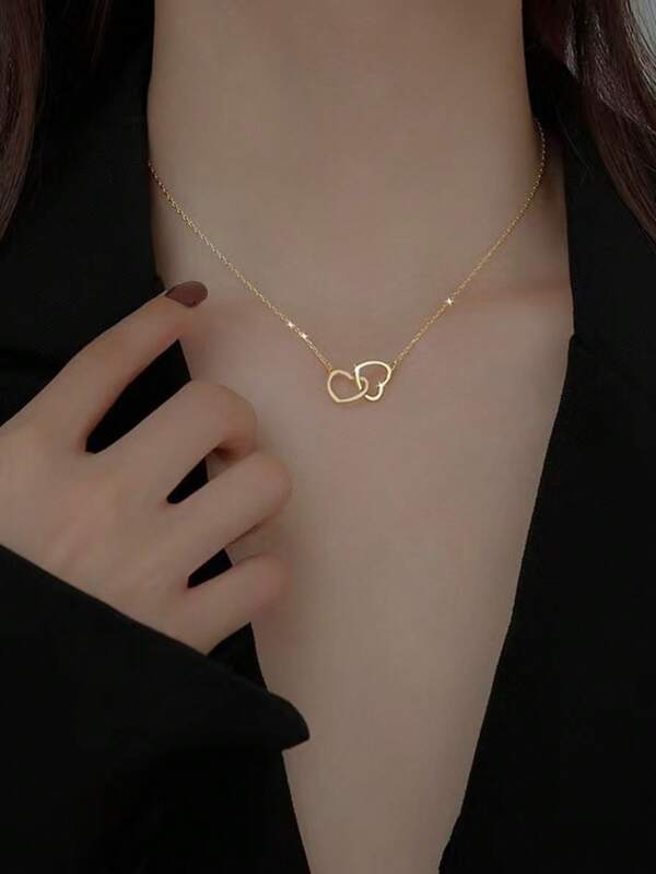 Classic Minimalist Double Heart Pendant Necklace, Gold Plated Stainless Steel Non-Fading, Fashion Jewelry Party Gift For Women & Girls
