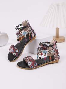 1 Pair Bohemian Embroidered Beaded Strap Travel Roman Sandals - Black - View 5