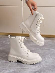 女士时尚厚底踝靴，百搭短靴，英伦风机车靴，2025秋冬新款 - 米色 - 查看 2