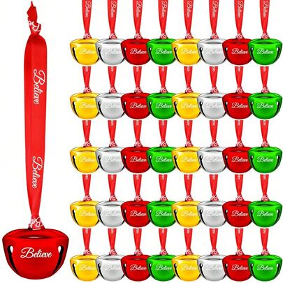 10 piezas Campanas de Navidad "Creer" con cinta roja - Campanas mini para árbol de Navidad, boda, corona, fiesta navideña, decoraciones navideñas, decoración de invierno