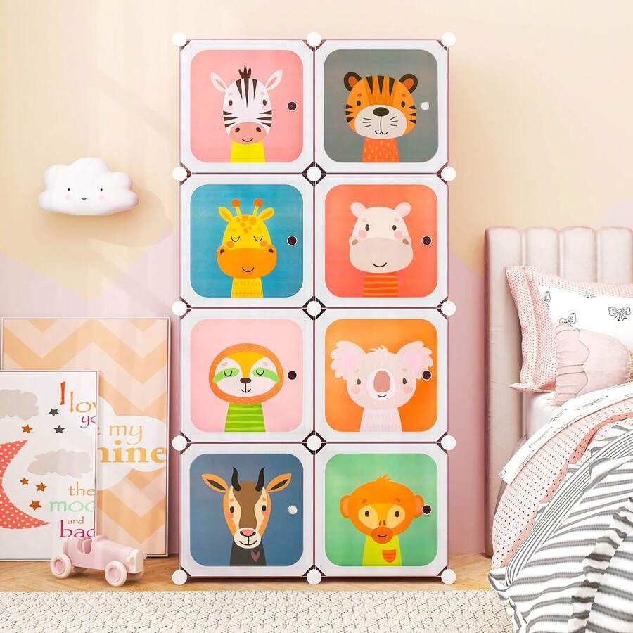 Lifezeal 8-Cube Kids Wardrobe Baby Dresser Bedroom Armoire Clothes Hanging Closet With Doors Pink/White - Pink - View 1