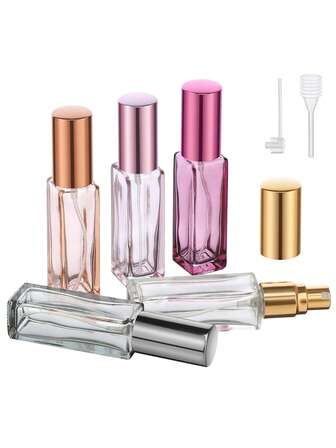 10ml Botella de perfume recargable para viajes, Atomizador de colonia de rocío fino mini, Adecuado para artículos de tocador, muestras cosméticas, vacaciones y uso diario (5 botellas, 5 vaporizadores, 5 cuentagotas)