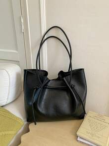 Stylish And Unique Drawstring Embellished Women's Tote Bag; High-End And Elegant Solid Color Minimalist Style Shoulder Bag; Modern Minimalist Style Autumn And Winter Commuter Bag, Suitable For College Students' Daily Travel, Lightweight And Large-Capacity Storage Commuter Bag - Black - View 3