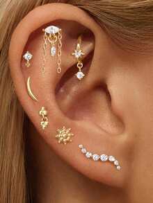 1件 925纯银单排水钻花朵马眼形平底耳骨耳廓穿孔饰品，适合日常佩戴、婚礼、派对、订婚、周年纪念、情人节等场合。 - 金色 - 查看 11