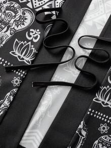 Męski kardigan w stylu retro z nadrukiem w stylu kimono, z długim rękawem, wiązaniem z przodu, swobodna koszula wykonana w 100% z poliestru, bez kołnierzyka, odpowiednia na każdą porę roku – idealny prezent, wygodna odzież wierzchnia | Koszula w stylu vintage | Można prać w pralce - Czarne - Zobacz 4