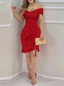 Elegant Off Shoulder V-Neck Sexy Black Pleated Ruffle Hem Glitter Party Cocktail Dress For Women Summer Vacation - Red - View 4