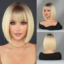 7JHH WIGS Tóc giả ngắn thẳng màu ombre vàng 12 inch cho nữ - Tóc giả bob vàng óng ả, bồng bềnh tuyệt đẹp với mái và chân tóc tối màu, sợi tổng hợp cao cấp mềm mượt, chịu nhiệt, được làm bằng máy, thích hợp để đội hàng ngày, dự lễ hội và tiệc tùng - Quà tặng cho bé gái - Vàng - Xem 13