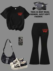 2pcs/Set Teen Girl Butterfly Print Short Sleeve T-Shirt And Flare Pants Outfit, Spring/Summer - Black - View 2