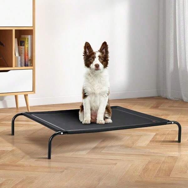 Petzly Cooling Elevated Dog Bed For Large Dogs Portable Indoor And Outdoor Pet Hammock With Washable Breathable Mesh Upgraded Frame Dog Cot With Skid-Resistant Feet - Black 107x80x20CM