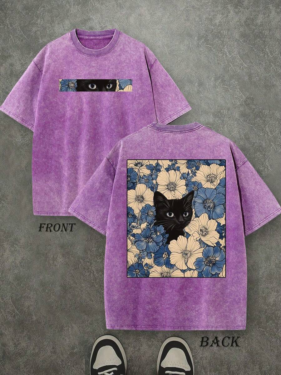 Retro Washed T-Shirt Double Sided Printed (230 Pure Cotton T-Shirt) 'Cat In The Flowers'  Cat And Flowers Pattern Print, Mens TShirt, Mens Shirt Casual, Comfortable, Fashionable T-Shirt, Street Style Cotton - 紫丁香色 - 查看 1