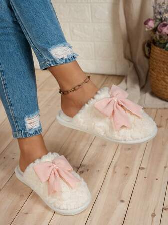 女士仿毛皮蝴蝶结拖鞋，流行跨境拖鞋