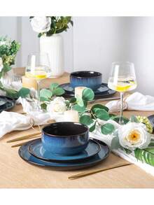 6英寸浅蓝色陶瓷盘，活性釉面甜点/沙拉盘，耐刮擦 - 瓷器餐具，适合盛放牛排、小吃